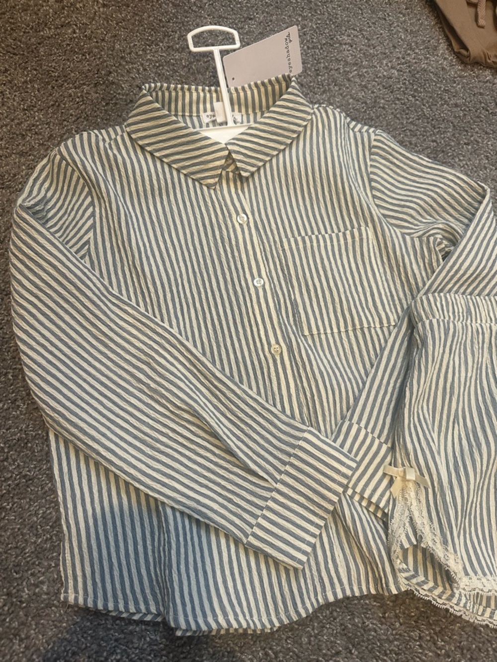 Striped Blue denim color & White Shirt with matching shorts.